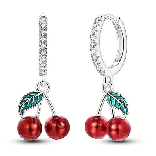 Sterling Silver Red Cherries Hoop Drop Earrings