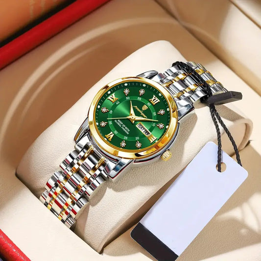 Ladies Stainless Steel Green Dial Luminous Day/Date Quartz Wrist Watch