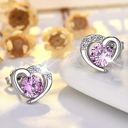 Sterling Silver Purple Cubic Zirconia Heart Stud Earrings