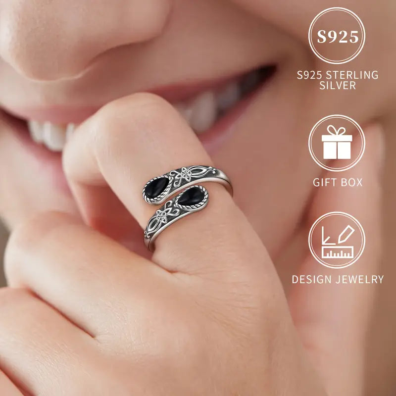 Sterling Silver Black Agate Celtic Knot Patterned Ring Adjustable size P-T