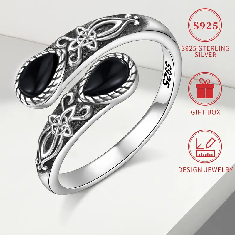 Sterling Silver Black Agate Celtic Knot Patterned Ring Adjustable size P-T