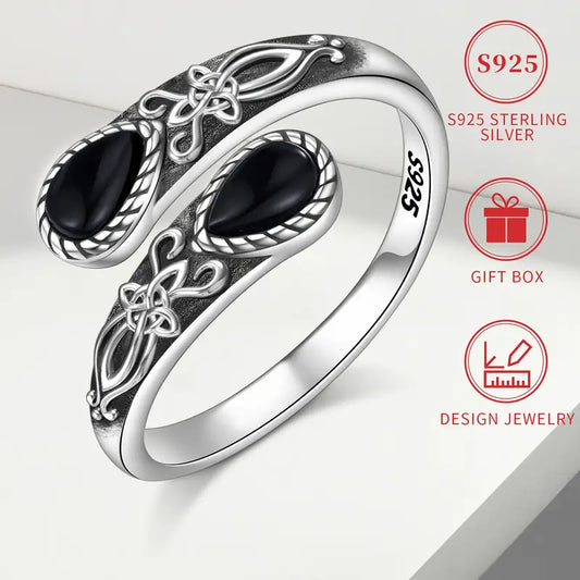 Sterling Silver Black Agate Celtic Knot Patterned Ring Adjustable size P-T