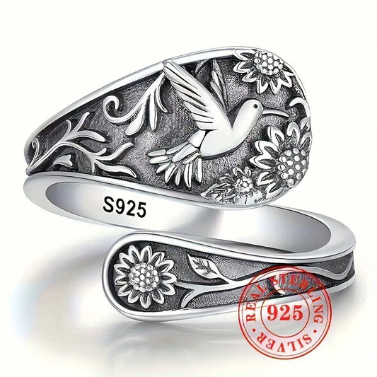 Sterling Silver Hummingbird & Flowers Adjustable Ring