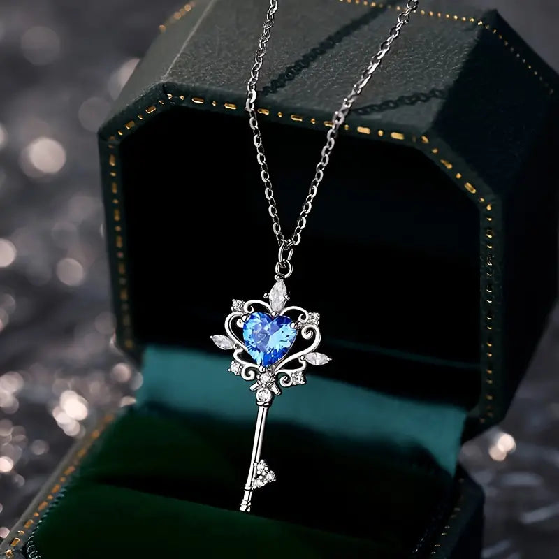 Sterling Silver Blue Cubic Zirconia Heart Key Pendant & Chain