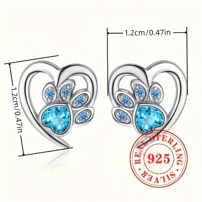 Sterling Silver Blue Cubic Zirconia Paw Print Heart Stud Earrings