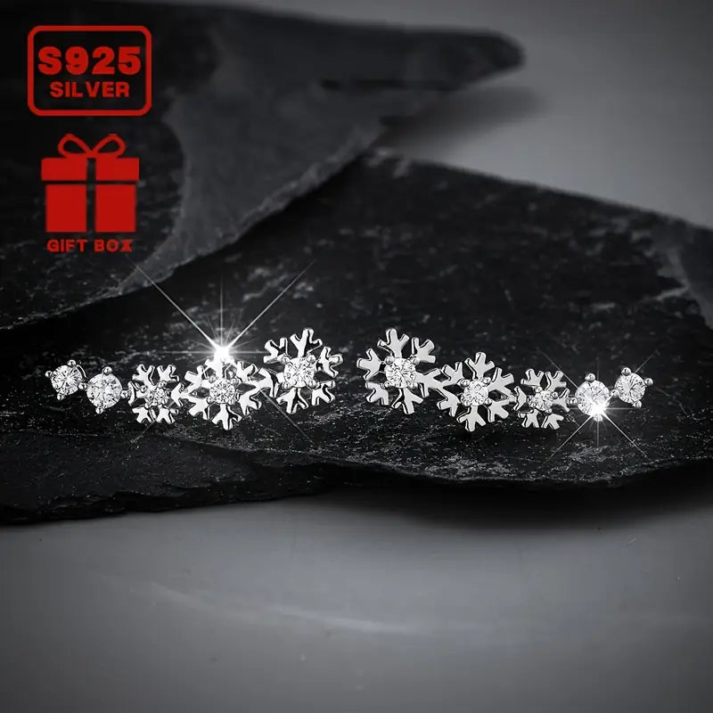 Sterling Silver Snowflake Cubic Zirconia Climber Earrings