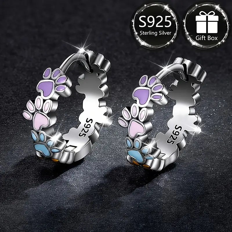 Sterling Silver Paw Prints Coloured Enamel Small Hoop Earrings