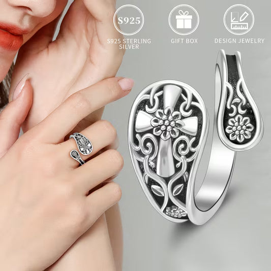 Sterling Silver Cross Patterned Spoon Ring Adjustable N-T