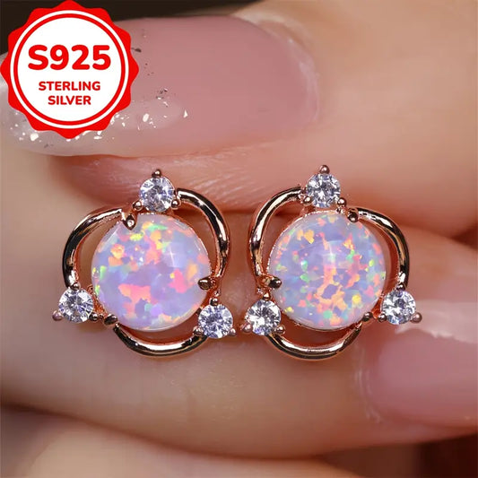 Sterling Silver Rose Gold Plated White Opal & Cubic Zirconia Stud Earrings