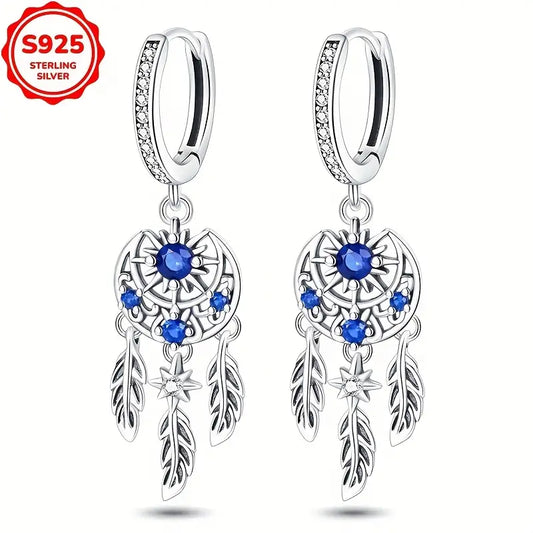 Sterling Silver Dreamcatcher Blue CZ Crescent Moon & Sun Hoop Drop Earrings