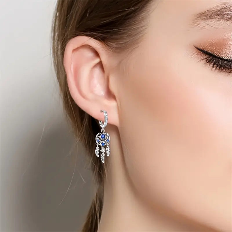 Sterling Silver Dreamcatcher Blue CZ Crescent Moon & Sun Hoop Drop Earrings