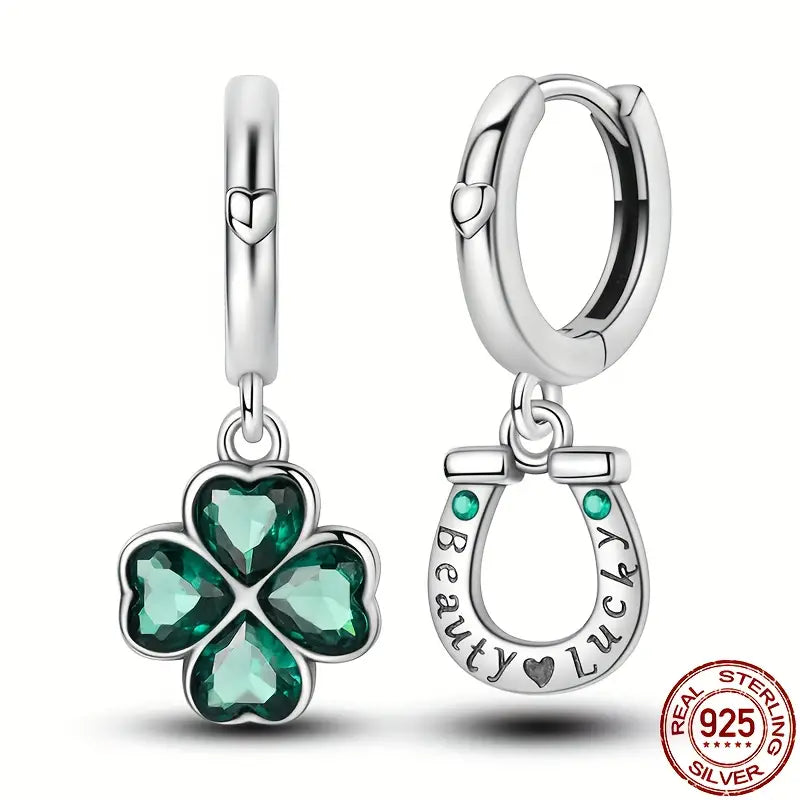 Sterling Silver Lucky Horseshoe & Four Leaf Clover Cubic Zirconia Drop Earrings