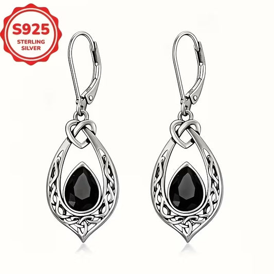 Sterling Silver Celtic Knot Black CZ Teardrop Drop Earrings