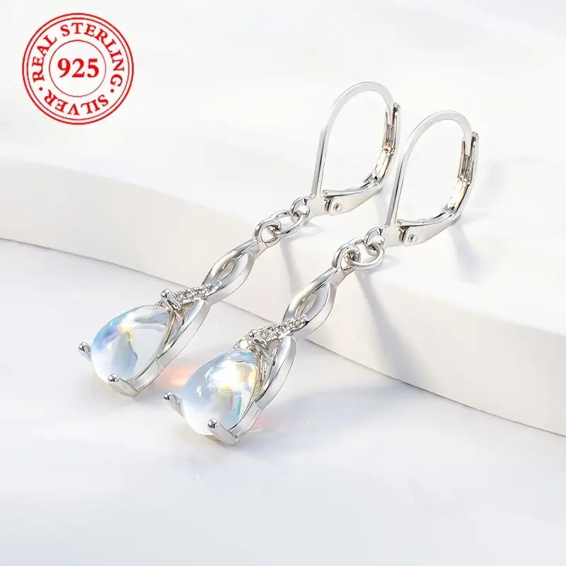 Sterling Silver Teardrop Moonstone & Cubic Zirconia Drop Earrings