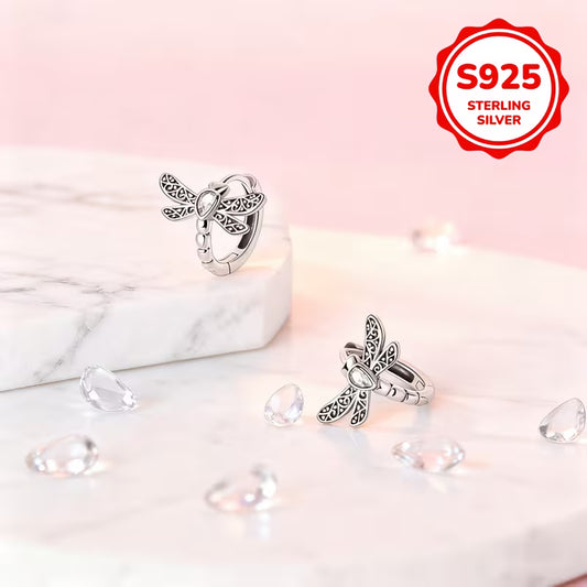 Sterling Silver Dragonfly Cubic Zirconia Small Hoop Earrings