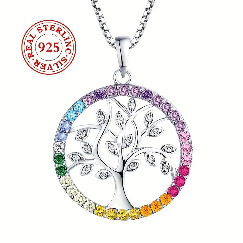 Sterling Silver Tree of Life Multicoloured Cubic Zirconia Pendant & Chain