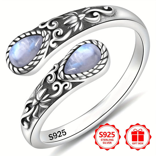 Sterling Silver Teardrop Moonstone Flower Pattern Ring (Adjustable N-S)