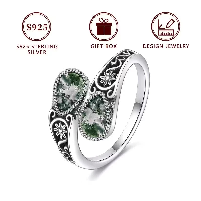 Sterling Silver Teardrop Moss Agate Flower Patterned Ring Adjustable P-T