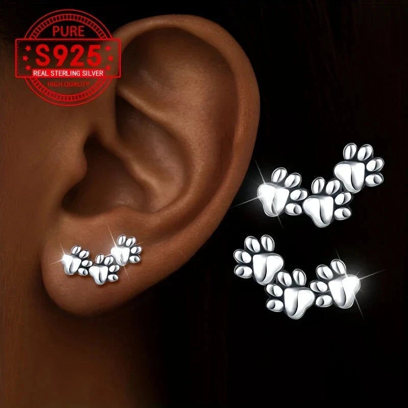 Sterling Silver Triple Paw Prints Stud Earrings
