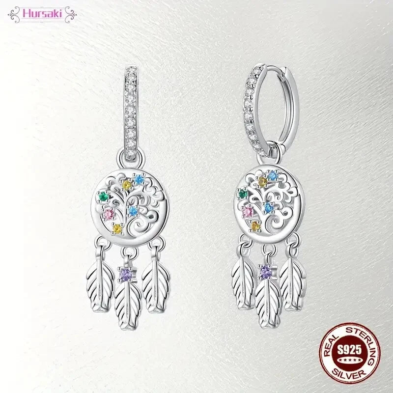 Sterling Silver Dreamcatcher Multicolour Cubic Zirconia Hoop Drop Earrings