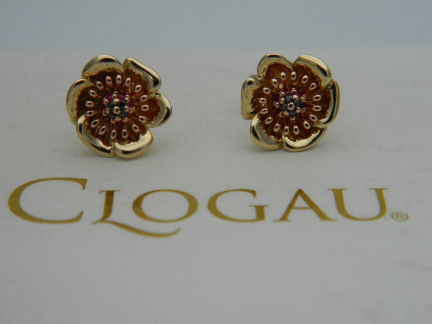 Clogau 9ct Yellow & Rose Gold Ruby & Black Diamond Welsh Poppy Stud Earrings RRP £430.00