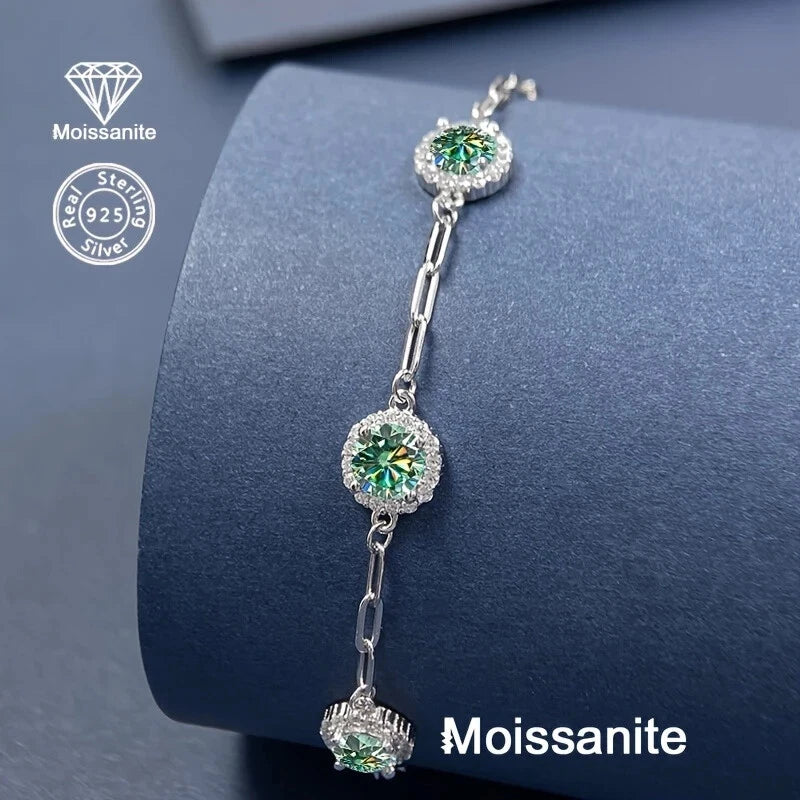 Sterling Silver 1.5ct Blue/Green Moissanite Bracelet
