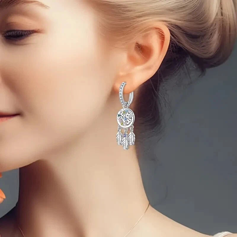 Sterling Silver Dreamcatcher Multicolour Cubic Zirconia Hoop Drop Earrings