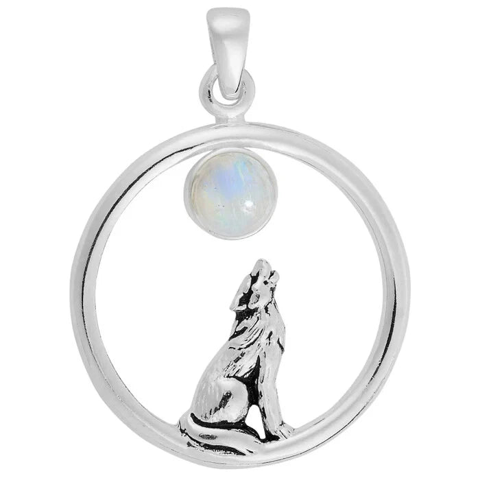 Sterling Silver Howling Wolf Full Moon Moonstone Pendant & Chain