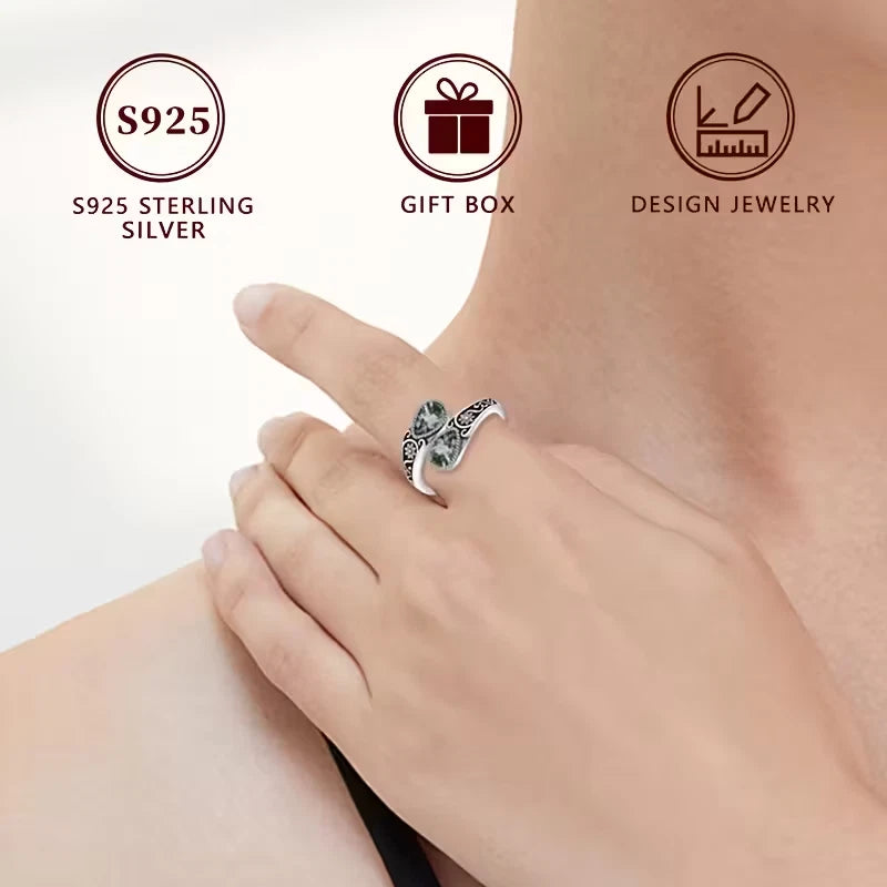 Sterling Silver Teardrop Moss Agate Flower Patterned Ring Adjustable P-T