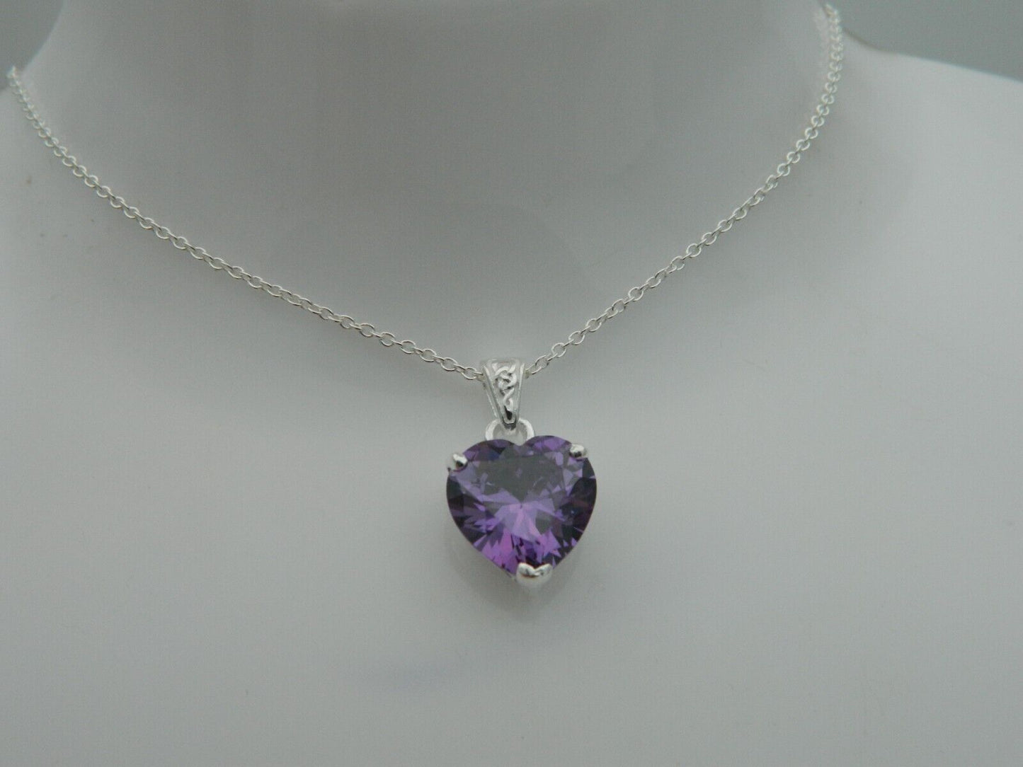 Sterling Silver Amethyst CZ Heart Pendant & Chain