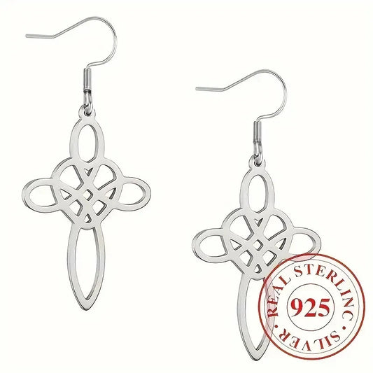 Sterling Silver Celtic Knot Heart Cross Drop Earrings