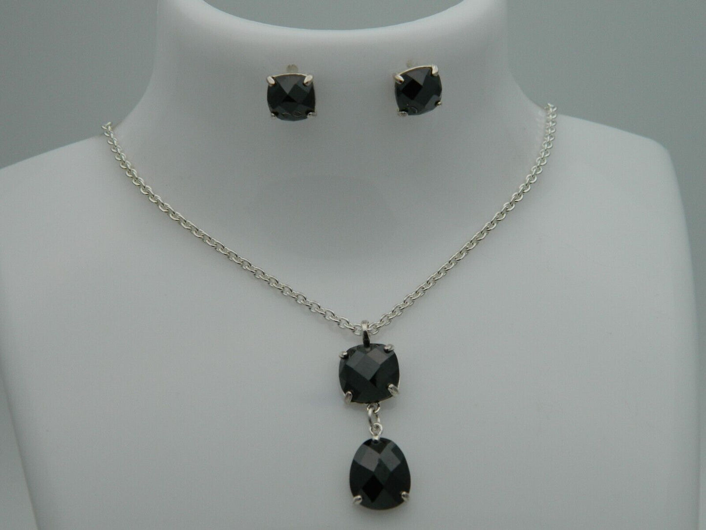 Sterling Silver & Black Cubic Zirconia Pendant & Earrings