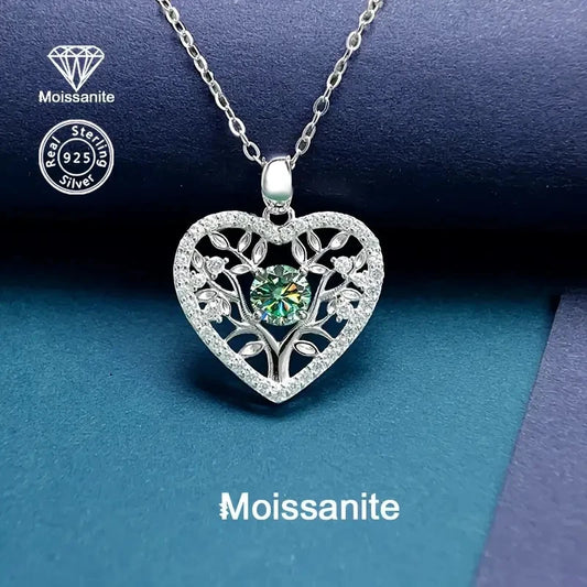 Sterling Silver 0.5ct Blue/Green Moissanite Tree of Life Heart Pendant & Chain