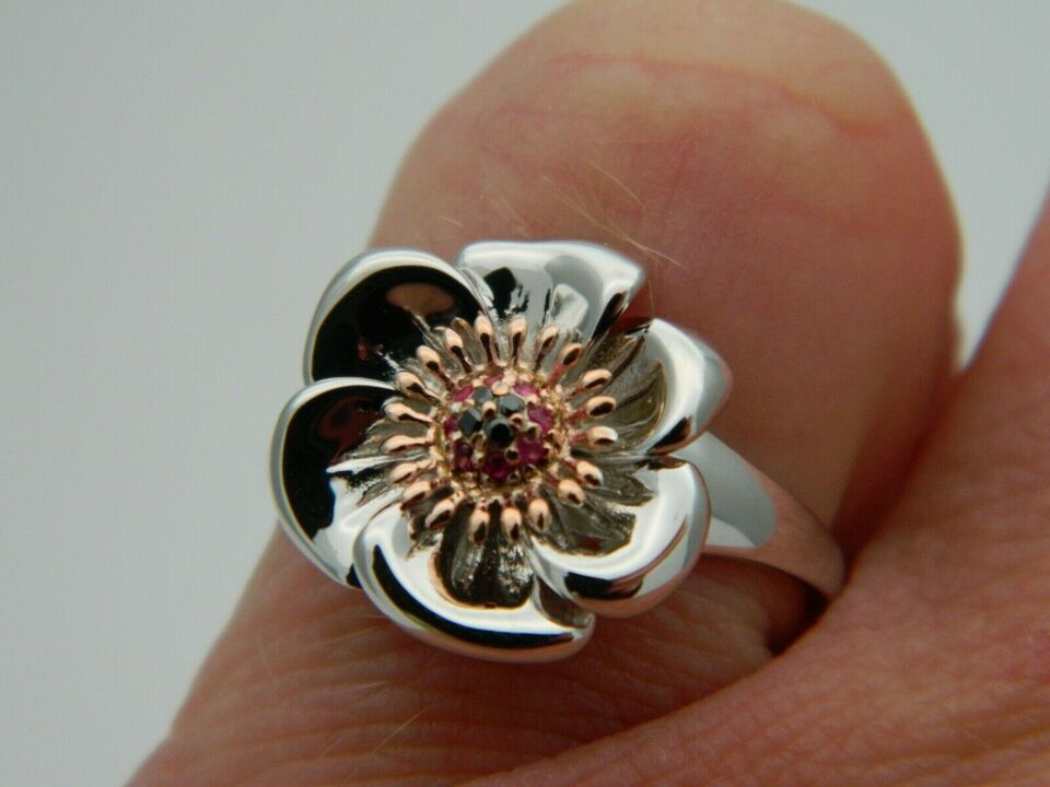 Clogau Sterling Silver & 9ct Rose Gold Welsh Poppy Ruby & Black Diamond Diamond Ring