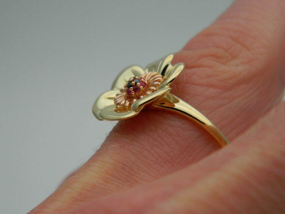 Clogau 9ct Yellow & Rose Gold Ruby & Black Diamond Welsh Poppy Ring