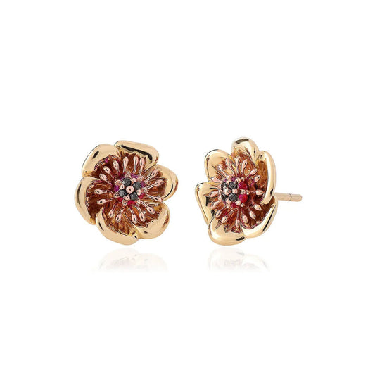 Clogau 9ct Yellow & Rose Gold Ruby & Black Diamond Welsh Poppy Stud Earrings RRP £430.00