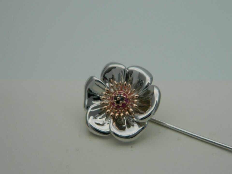 Clogau Sterling Silver & 9ct Rose Gold Welsh Poppy Diamond & Ruby Lapel Pin