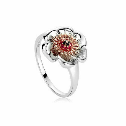 Clogau Sterling Silver & 9ct Rose Gold Welsh Poppy Ruby & Black Diamond Diamond Ring